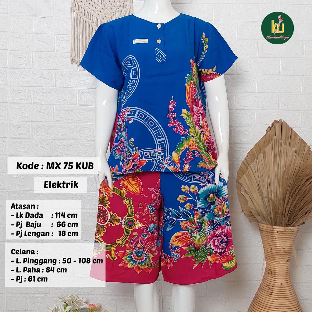 Bisa COD MX75 KUB | Setelan Kulot Celana Pendek Batik Kencana Ungu Asli Label Biru | Baju Santai Piyama Tidur Wanita Kancing Depan Busui Friendly Motif Terbaru-Elektrik B