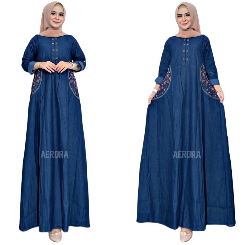 Baju Gamis Dress Jeans Jins Denim Jumbo Wanita Terbaru 2023 Kondangan Busui Kekinian Bordir Bunga Samping Premium Ld 114 P 135 New Behira Maxy Allsize