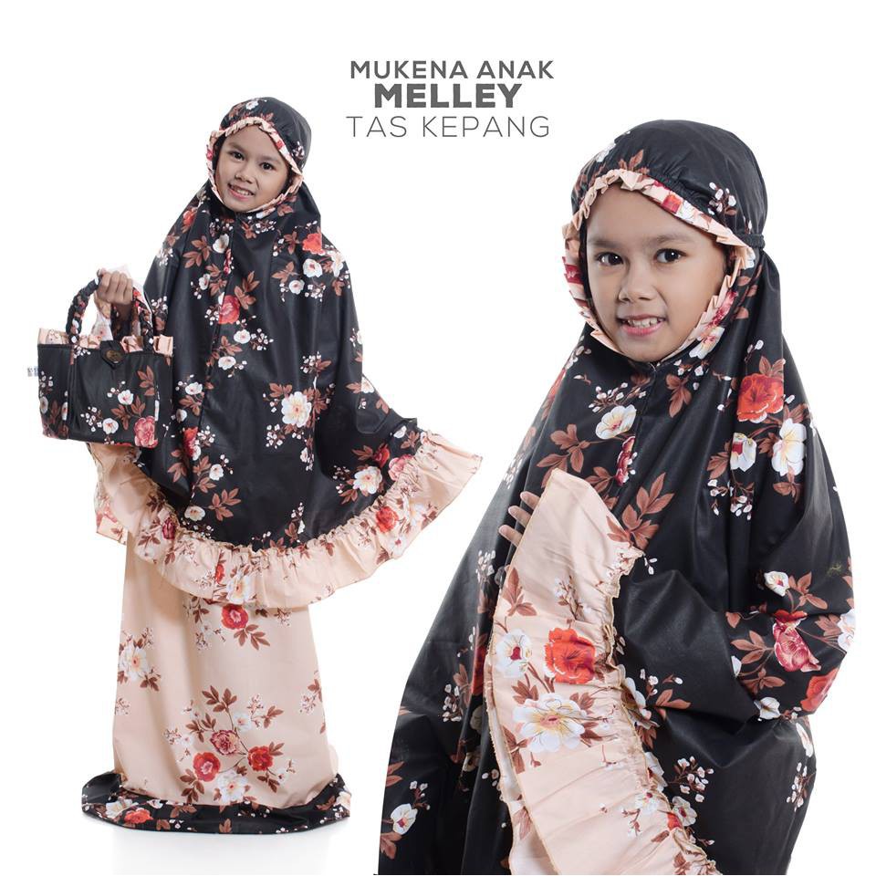 Mukena mukenah anak shalat Sholat Lucu cantik Mewah Adem Katun Tas Kepang Melley Hitam (Anak)