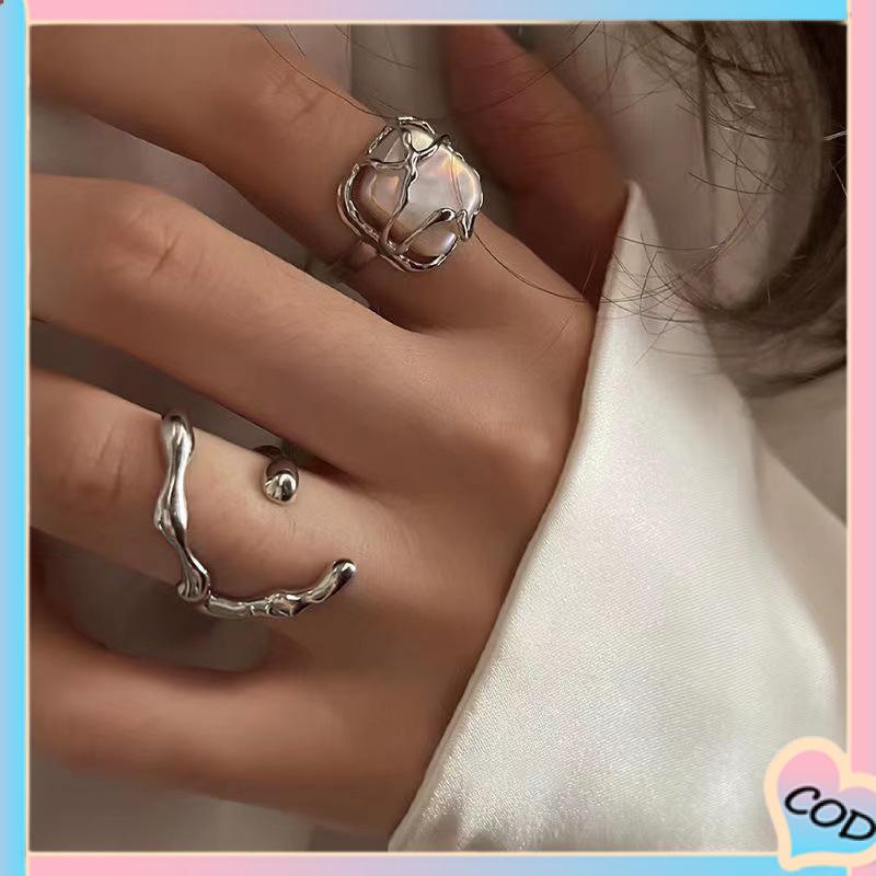 COD❤️ 2PCS Kreatif Sederhana Temperamen Pembukaan Mutiara Tidak Teratur Cincin Dapat Disesuaikan-A.one