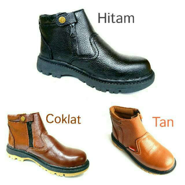 MANDIENS Sepatu Safety Pria Kulit Asli Ujung Besi model Boot Resleting Tanpa Tali Berkualitas Branded Merk Boyken KR04  - Sepatu Safety Proyek - Sepatu Kitchen Anti Licin