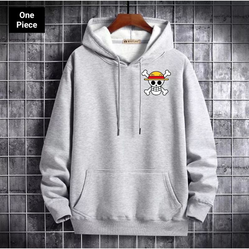 Sweater Hoodie Pria Distro One Piece Ori Premium Warna Abu Misty Motif Anime Japanese Style Bahan Fl