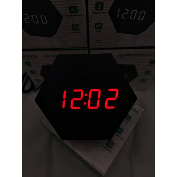 Jam Meja Digital Led Weker Digital Wood Alarm Clock 876 black red