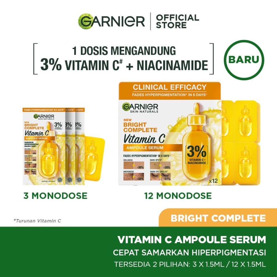 ☘️Yuri Kosmetik☘️ Garnier Bright Complete Ampoule Vitamin C Hiperpigmentasi Serum 3pcs x 1,5ml (tanpa box)