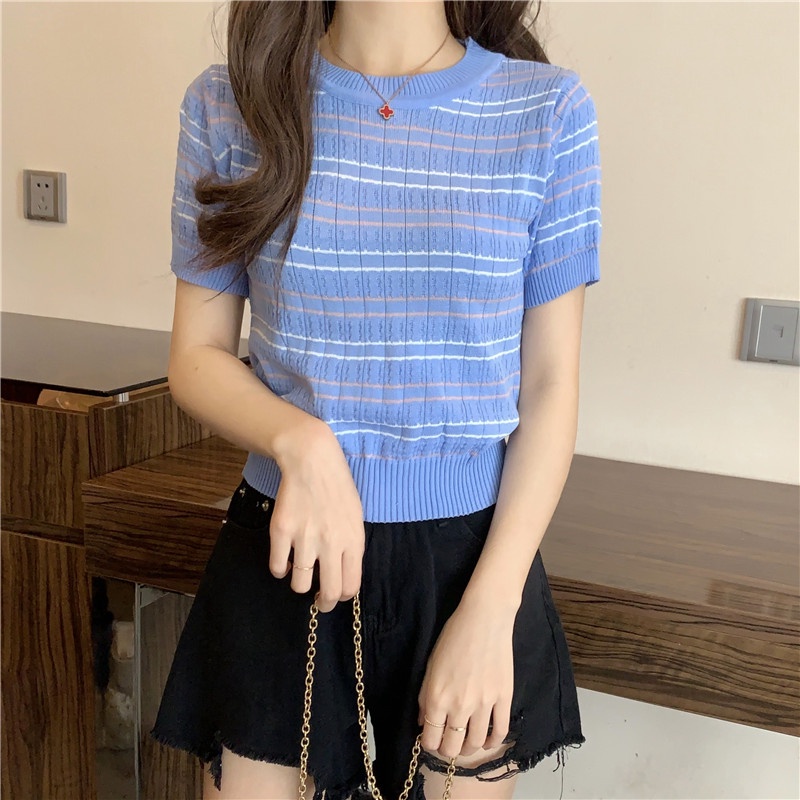 Kaos Rajut Lengan Pendek Wanita Knit T-shirt Baju Atasan Putih Korean Style