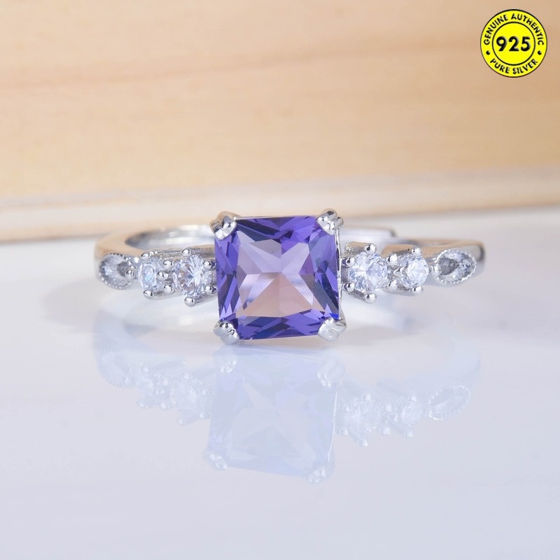 All-Match Colored Gems Square Diamond Amethyst Open Ring