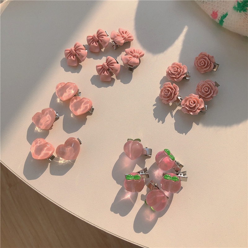 5pcs / set Jepit Rambut Bentuk Hati Camellia Peach Warna Pink Gaya Korea Untuk Anak Perempuan