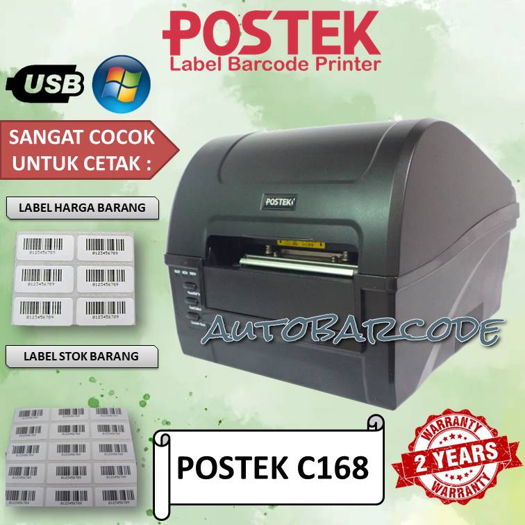 Printer Barcode Thermal Label Postek C168 / C-168 / C 168 Ukuran 110MM A6 Koneksi USB Transfer / Direct Resi Label Harga Semicoated Ribbon Wax Resin Yupo