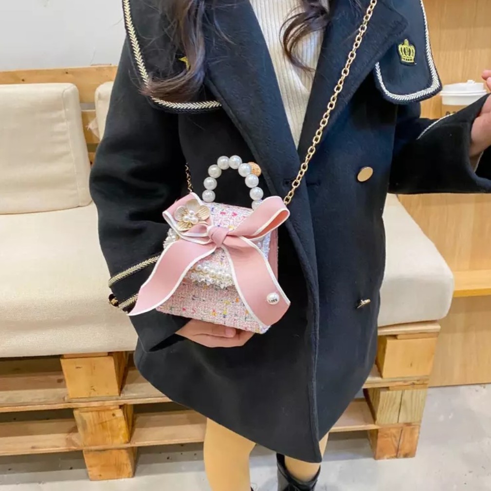 [meandboss] TAS21-Tas Selempang Anak Perempuan Fashion Korea Mutiara Pita Besar