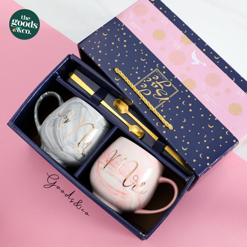 Gelas Couple Marble Mug Set Gift Box Cangkir Couple Mug Set Mr &amp; Mrs