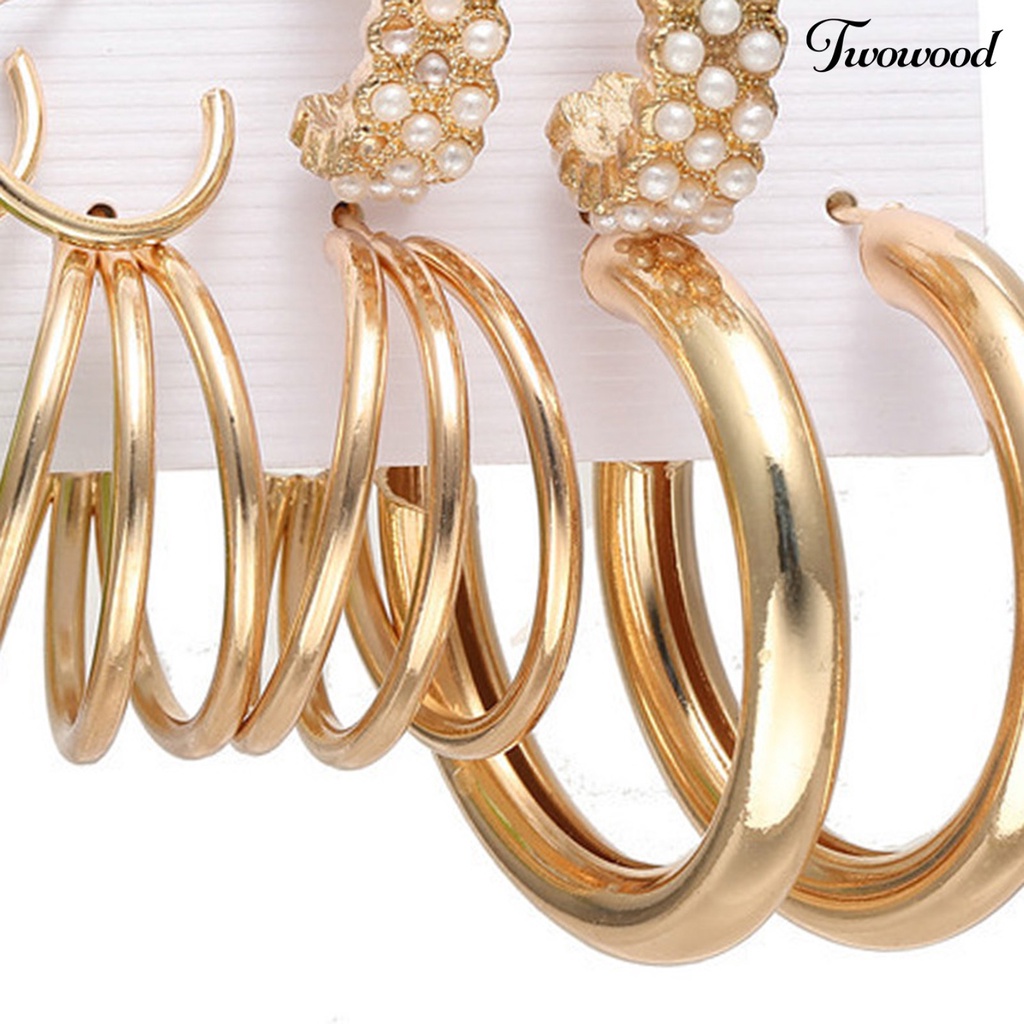 5 Pasang Anting Hoop Bentuk Bulat Aksen Mutiara Imitasi Bahan Metal Gaya Bohemian