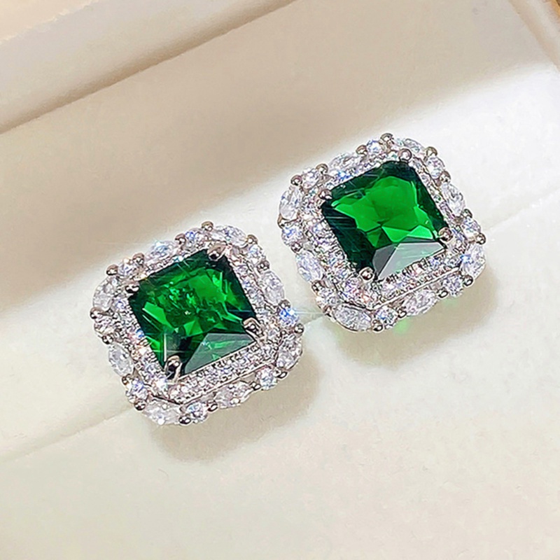 Anting Stud Cubic Zirconia Warna Hijau Gaya Vintage Untuk Wanita