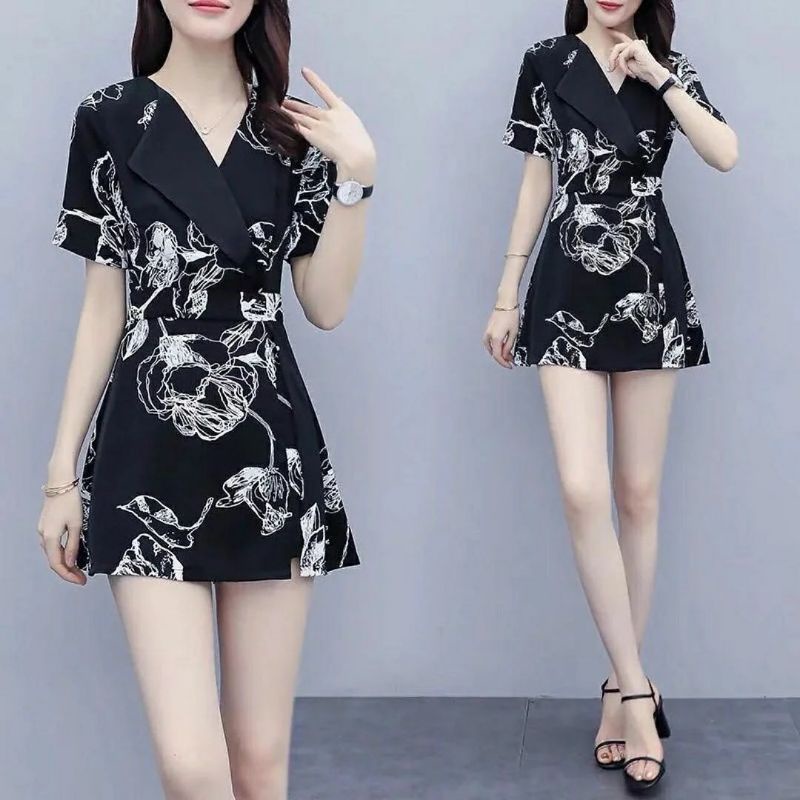 [ YF ] Abstract Flower Set Long Blouse & Shorts