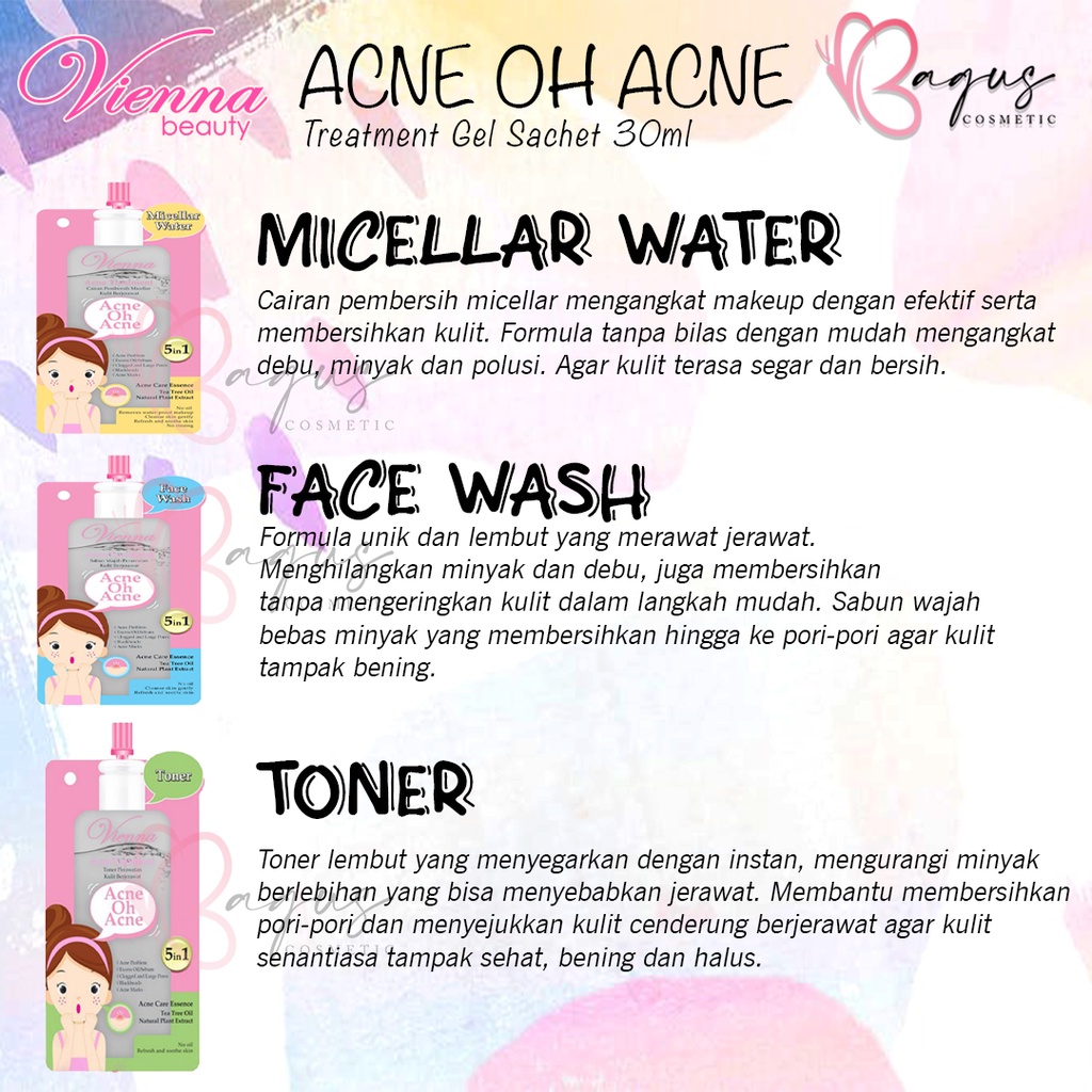 ⭐ BAGUS ⭐ Vienna Acne Oh Acne Treatment Gel | Face Wash/Toner/Micellar Water 30ml Sachet