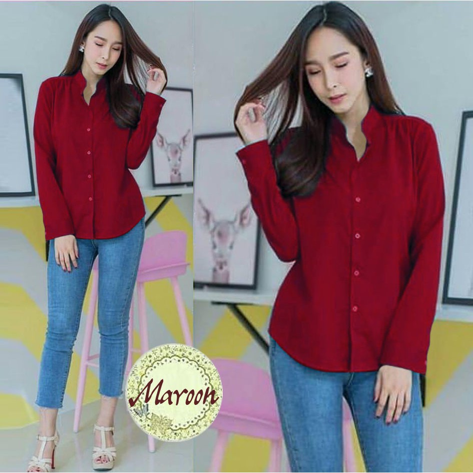 KEMEJA CEWEK WARNA MAROON BAHAN KATUN BALOTELY ORIGINAL STYLE CASUAL ELEGAN BEST QUALITY IMPOR MURAH