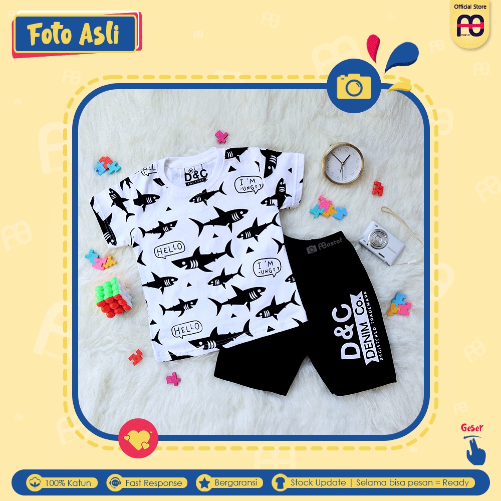Setelan Anak Laki Laki Mastof D Series 1 - 11 Tahun Baju Anak Edisi Favorit-Fish FP Putih
