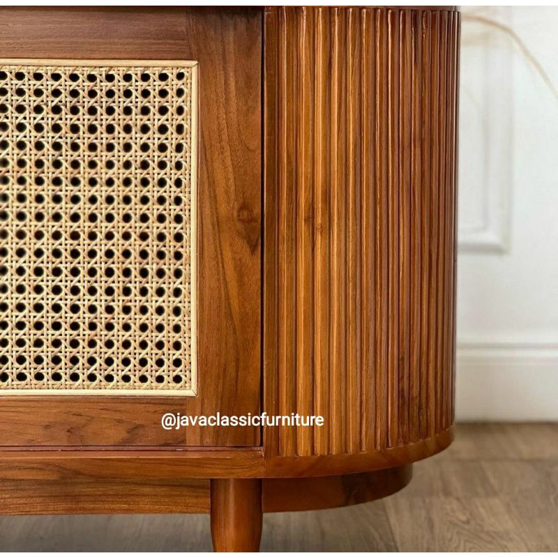 BUFET TV ROTAN RETRO SCANDINAVIA MINIMALIS OVAL UKURAN 150CM PINTU 2 SLEDING KABINET DRAWER KAYU JATI GRADE A NATURAL MURAH DARI JEPARA-4