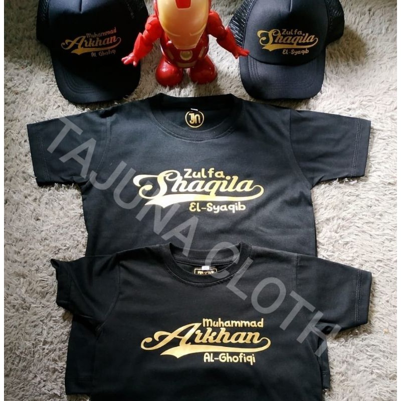 Paket kaos dan topi untuk anak anak custom NAMA ANAK cotton combed 30s kaos standart distro