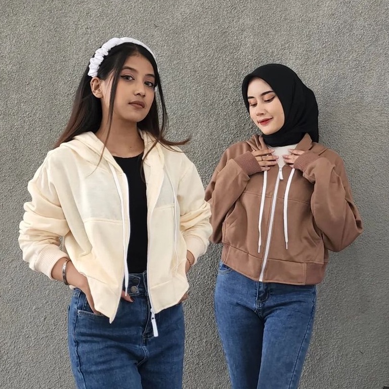 Zipper Crop Hoodie Oversize - Hoodie Oversize Crop Wanita Kekinian