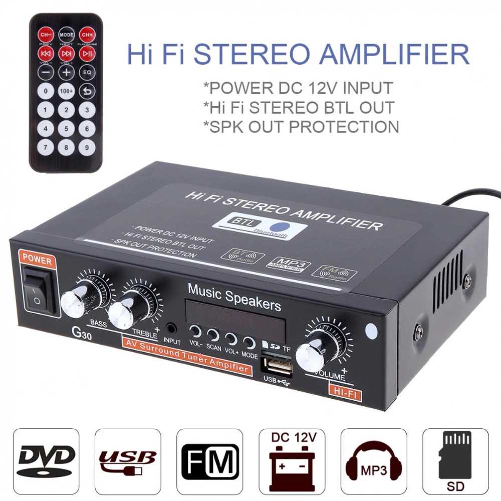 Power Amplifier Car Audio HiFi Stereo Treble Bass Remote murah- G30