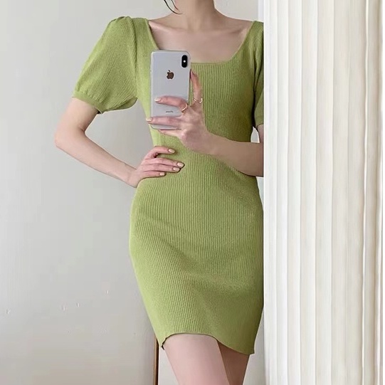 【Elegant】Korean Vintage Square Neck Solid Color Mini Dress 7475