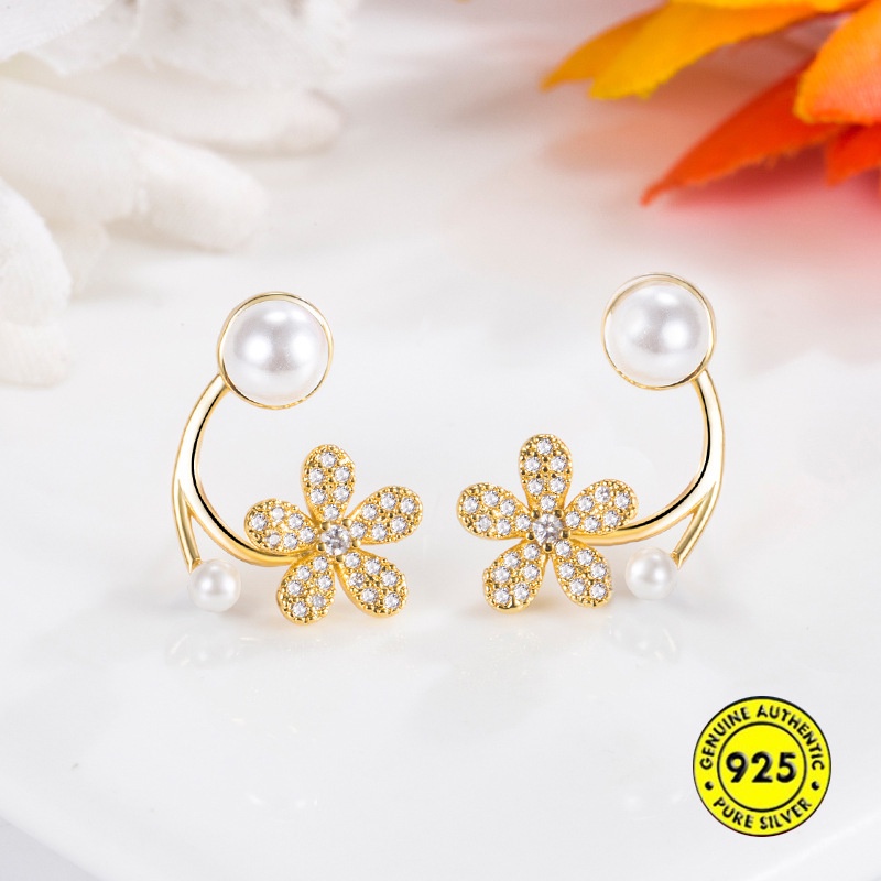 Anting Tusuk Sterling Silver 925 Model Bunga Dengan Mutiara Untuk Wanita