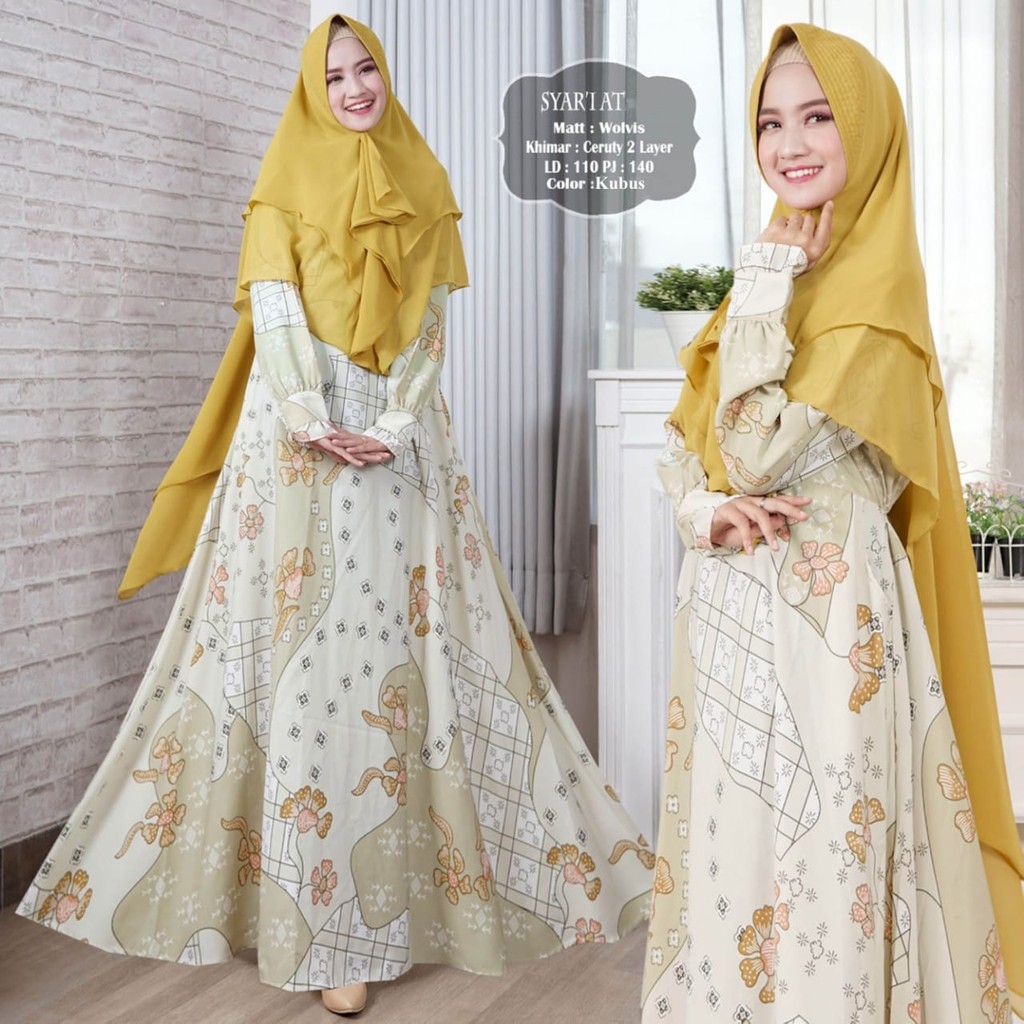 SYARI MURAH.SHR AT.GAMIS SYARI MURAH.BAHAN WOLVIS IMPORT PREMIUM. LD 110. PJ 140. MAYUNG 3.5 METER