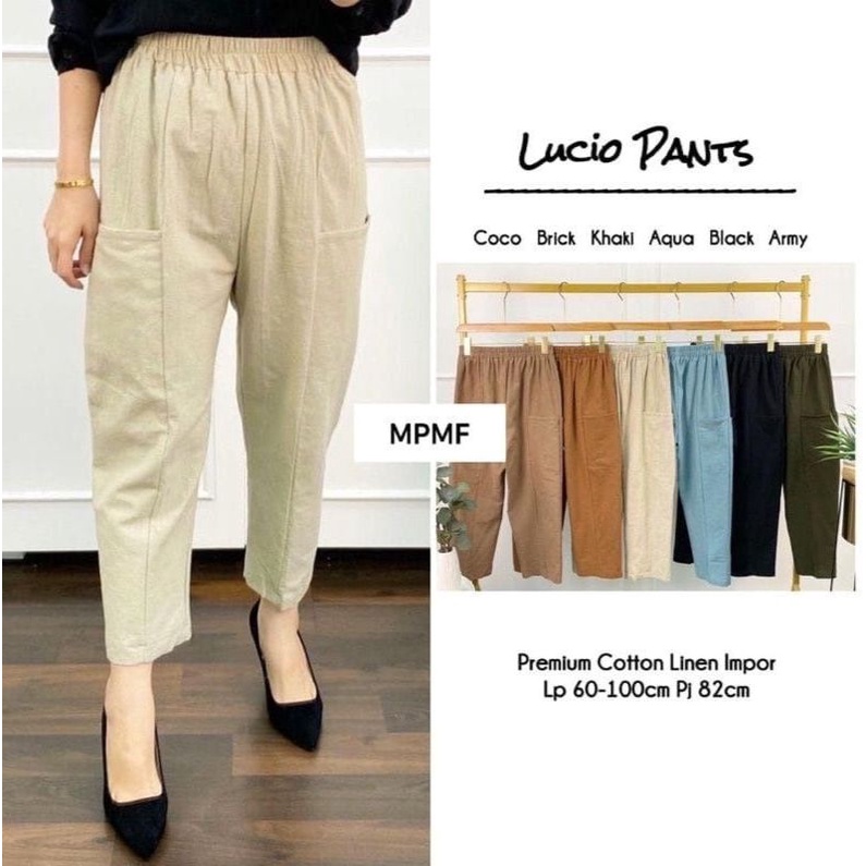 celana baggy Lucio pants rayon linen premium super saku samping pinggang original