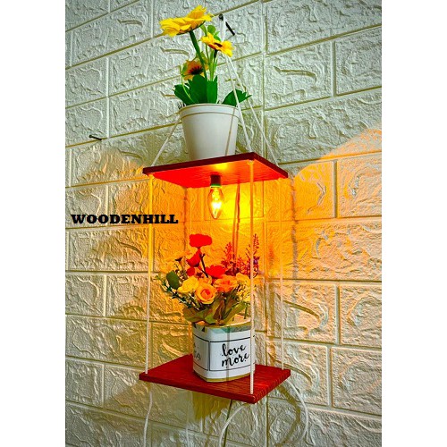 FURNITURE HIASAN DINDING 2 SUSUN MINI DGN LAMPU/RAK DINDING DENGAN LAMPU 2 SUSUN/RAK PENYIMANAN BARANG KESAYANGAN/RAK GANTUNG LAMPION/RAK LAMPU TIDUR/RAK PENGHIAS OUTDOOR ATAU INDOOR