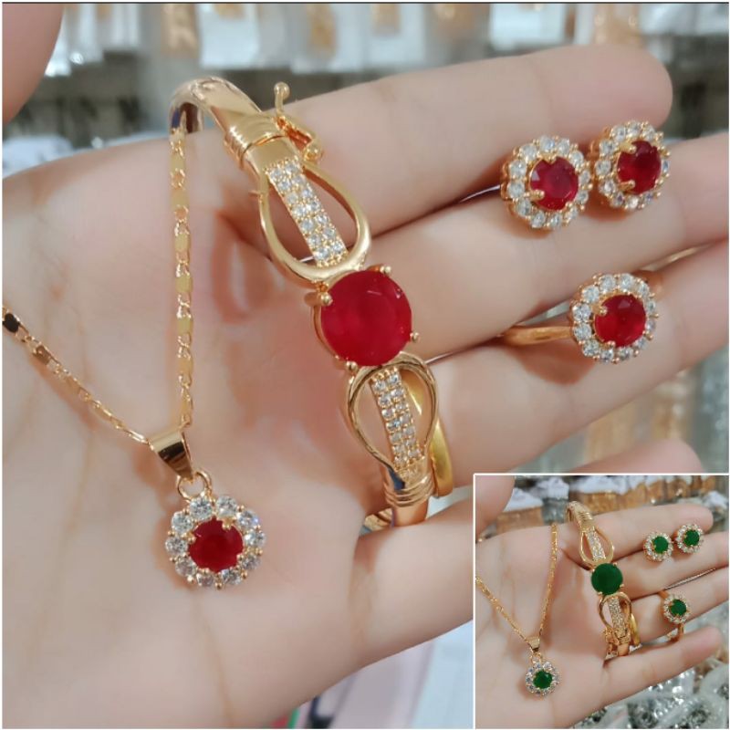 Fourfashion Set Perhiasan Wanita Batu Permata Bulat Merah/Hijau Lapis Emas HH029