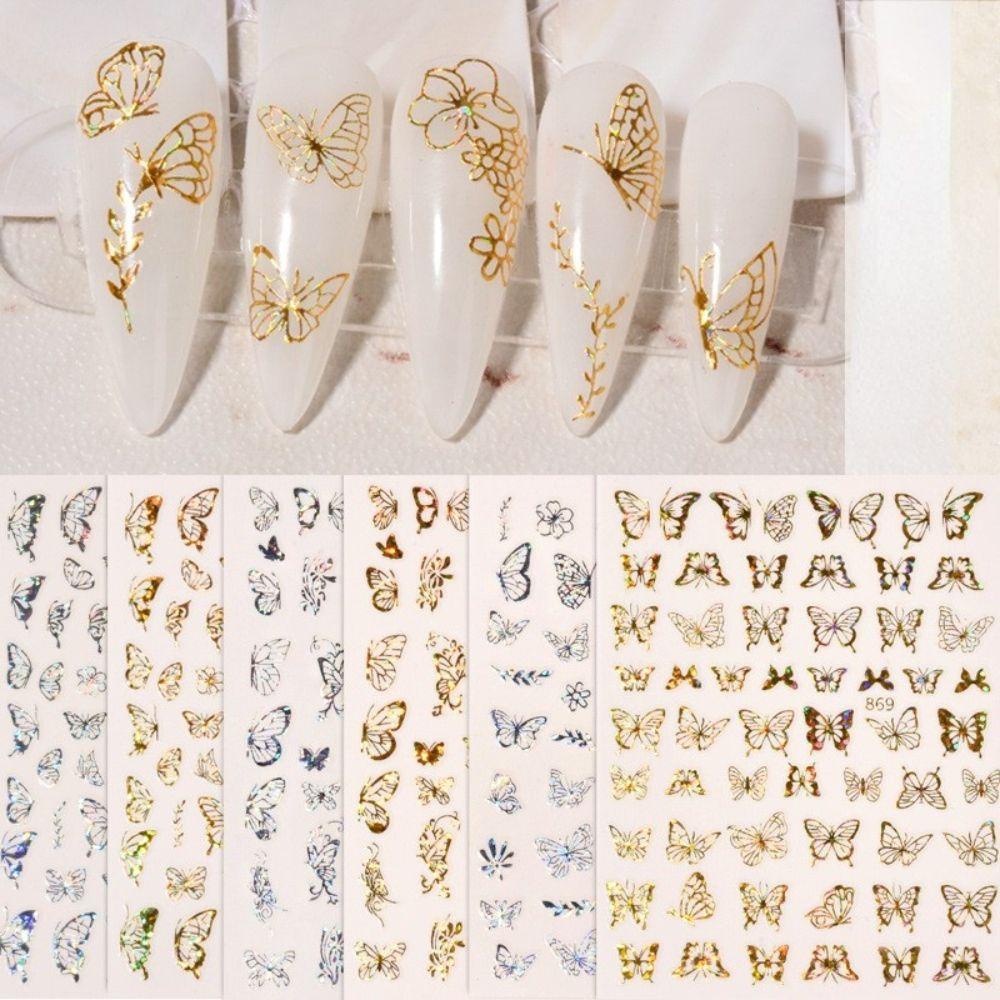 AUGUSTINA Agustina Perekat Stiker Kuku Glitter Kupu-Kupu Stamping Kuku Kecantikan DIY Stiker Kuku Hologram Nail Art Dekorasi