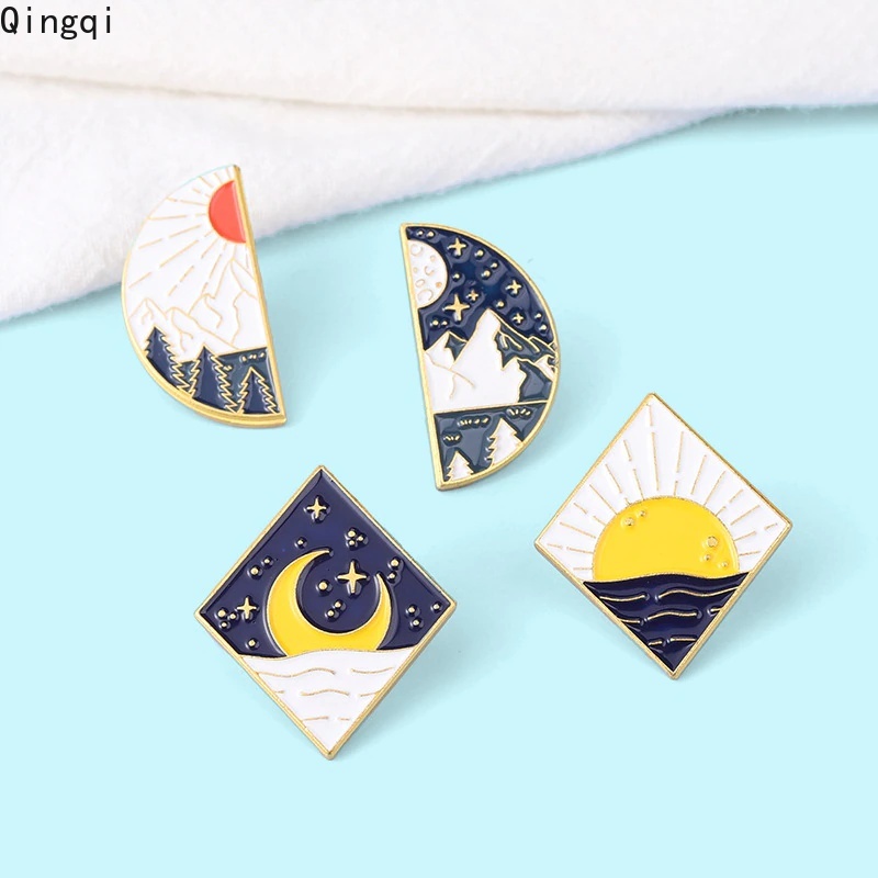 Bros Pin Enamel Desain Kartun Matahari Bulan Luar Angkasa Untuk Dekorasi Tas Denim