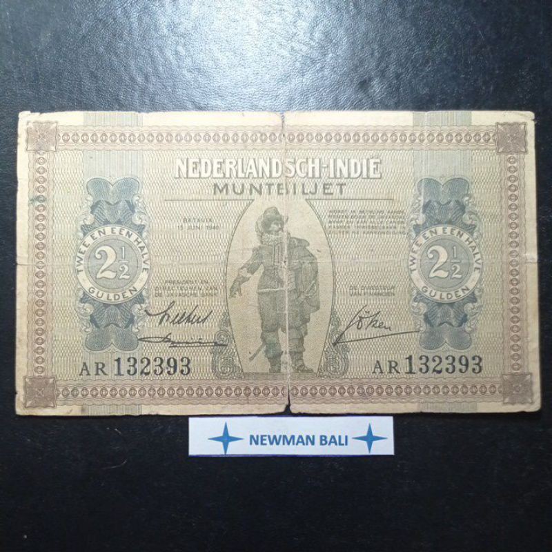 Uang Kertas Kuno Indonesia Jaman Belanda 2 1/2 Gulden Seri Muntbiljet th 1940