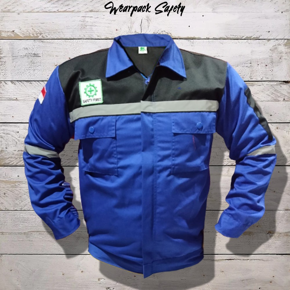 Wearpack Safety Biru Hitam Atasan Wearpack Lengan Panjang Seragam Kerja