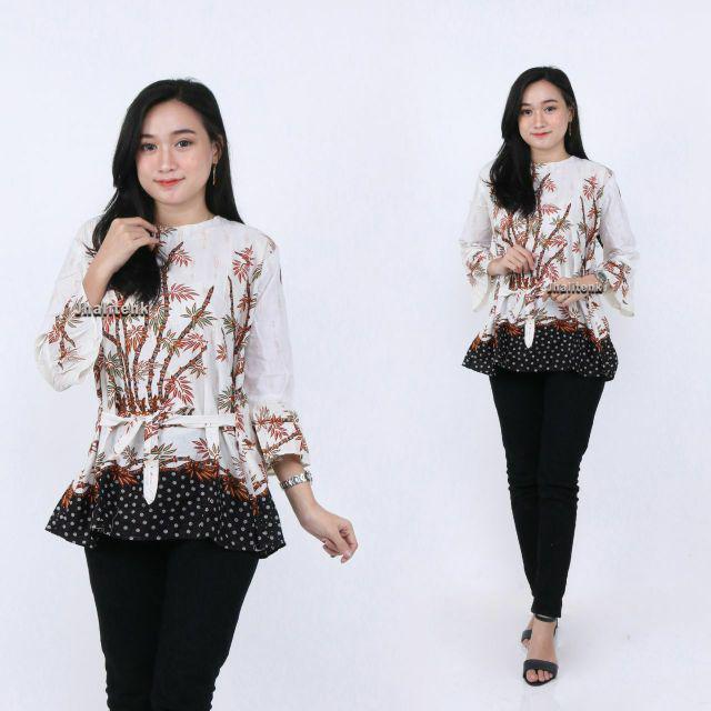 tey-17 Batik wanita ASJ SA HRB026 Kenongo Kemeja Tosca Pendek-Bambu putih