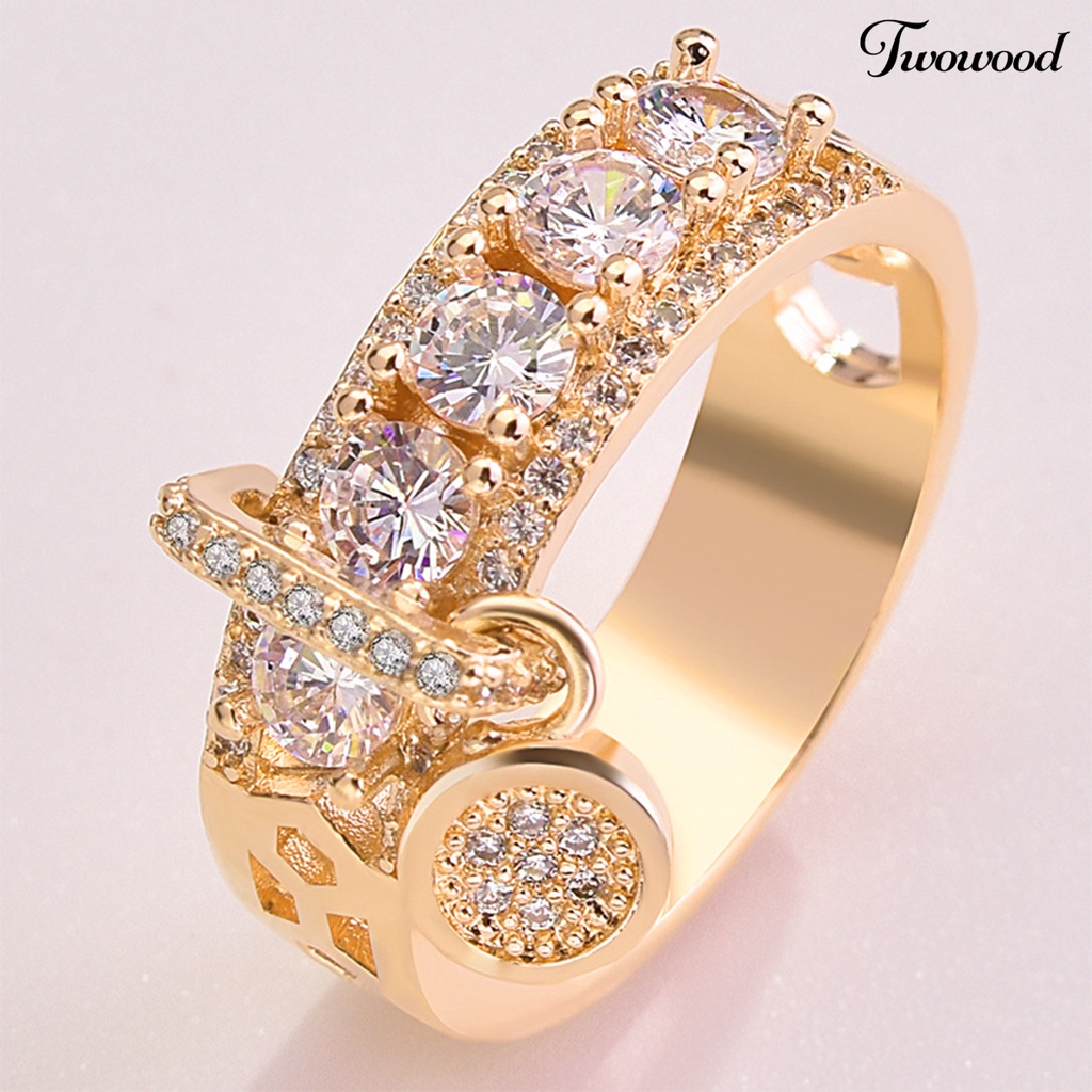 Twowood Cubic Zirconia Women Ring Disc Pendant Alloy Hollow Wide Wedding Ring Fashion Jewelry