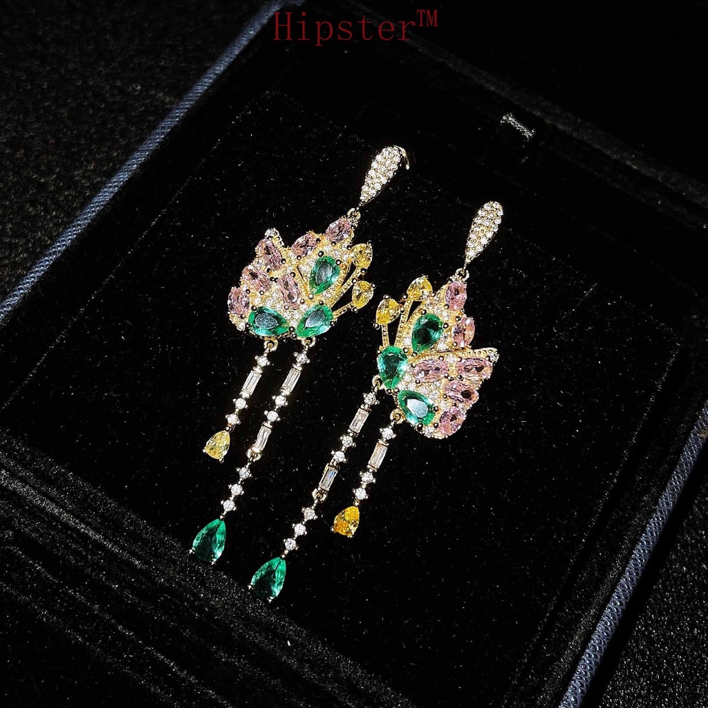 New Colorful Diamond Earrings Elegant and Ethnic Style Long Tassel Butterfly Earrings