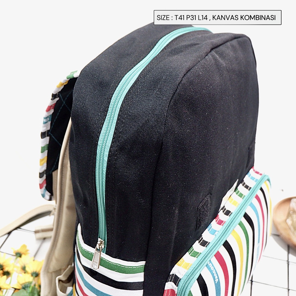 Tas Ransel Sekolah Wanita Kanvas Retro Vintage Hunter (lokal) garis garis - colorfull Kombinasi