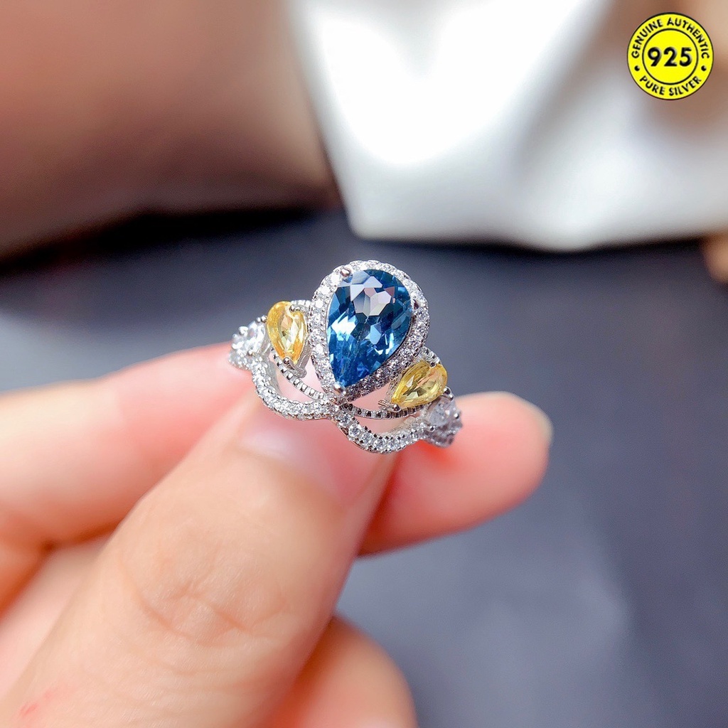 Cincin Open Ring Desain Mahkota Hias Batu Topaz Biru Natural Untuk Wanita