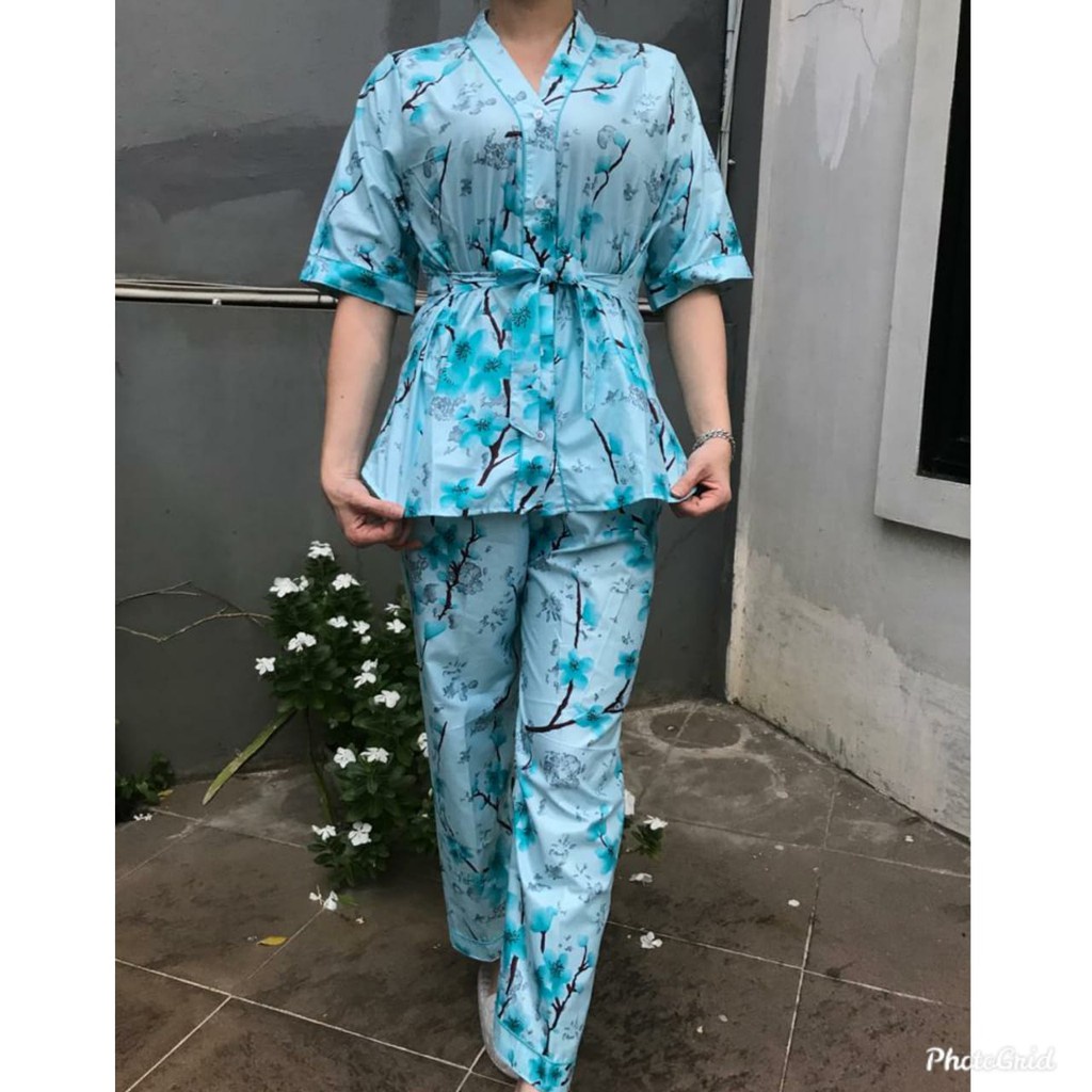 JNV Setelan Kimono CP Wanita Motif Karakter Kartun - Baju Tidur Kimono Lengan Pendek - Bahan Katun-Sakura Tosca