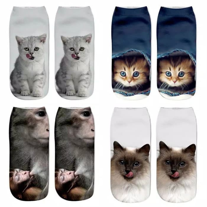 Kaos Kaki Pendek Wanita Lucu Imut Motif Kucing dan Monyet