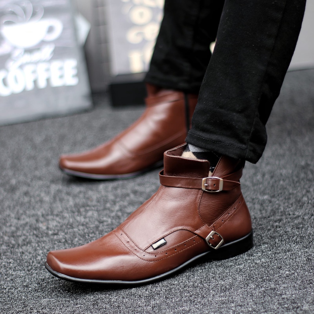 Sepatu Boots Pantofel Kulit Asli Formal Resleting Kerja Hitam Pria Abrhm Pacuan