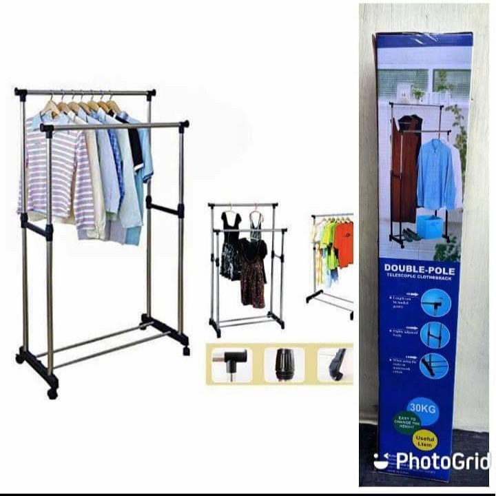 stand hanger gantungan baju besi stainless double pole besi ganda 4 roda