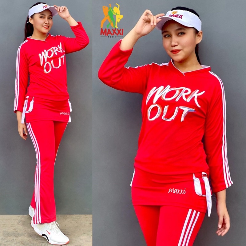 SETELAN READY Baju Olahraga Merah Putih Rok WORKOUT Setelan Baju Senam Gym Fitness Jogging Running C
