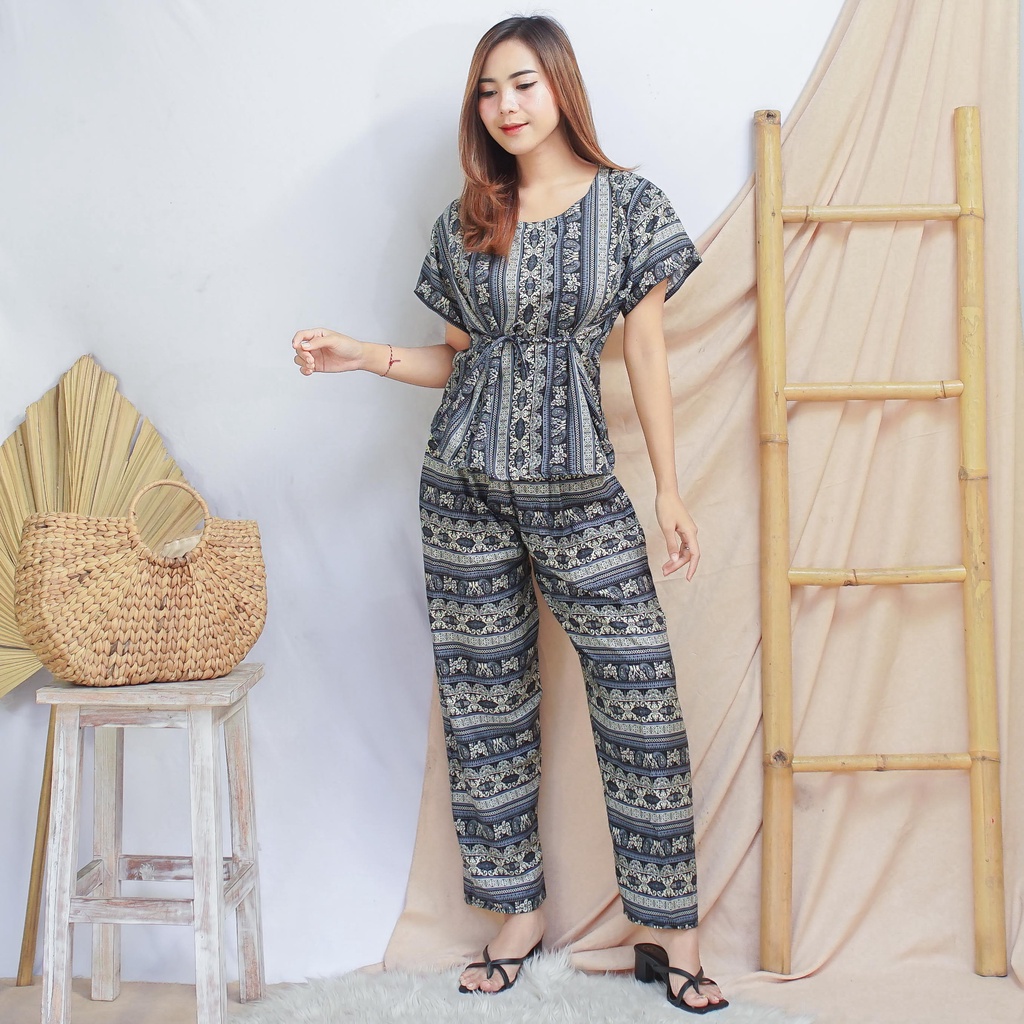 Daster Babydoll Panjang Bali-SET-ETNIK GREY