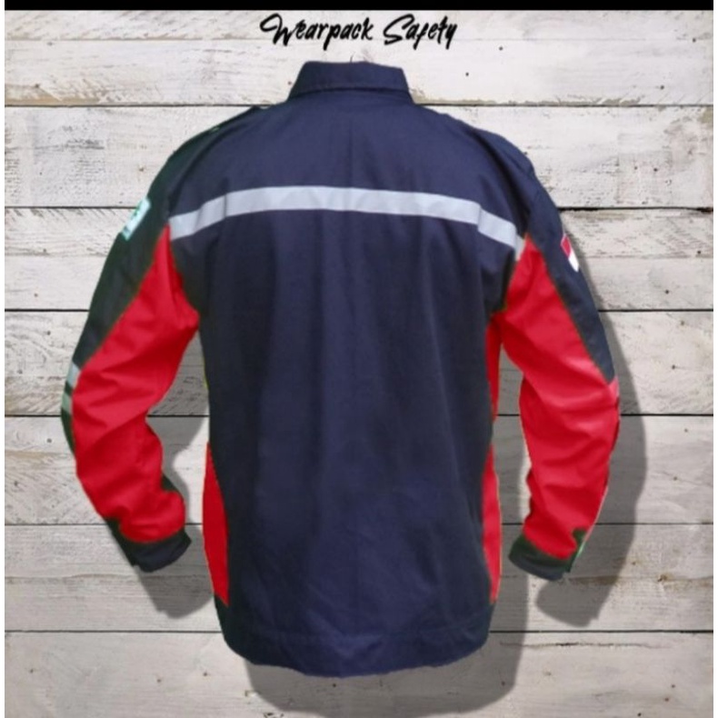 SERAGAM WEARPACK SEMI JAKET ATASAN MERAH DONGKER BAHAN DRILL BERLOGO K3 BENDERA