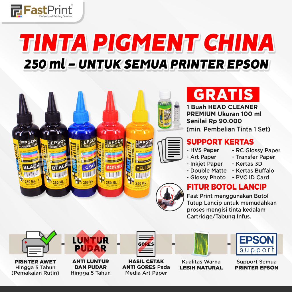 Tinta Pigment Art Paper China Epson 1 Set - 5 Warna - 250 ML