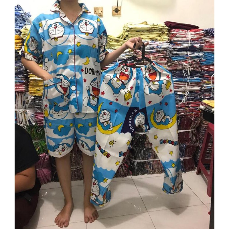 piyama baju tidur 3in1 wanita dewasa motif kartun stich Mickey mouse hello Kitty Poppy cat doraemon