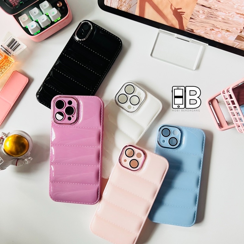 Glossy PUFF Case dengan Pelindung Lensa Kamera Lens Cover Casing iPhone X XR XS 11 12 13 PRO MAX