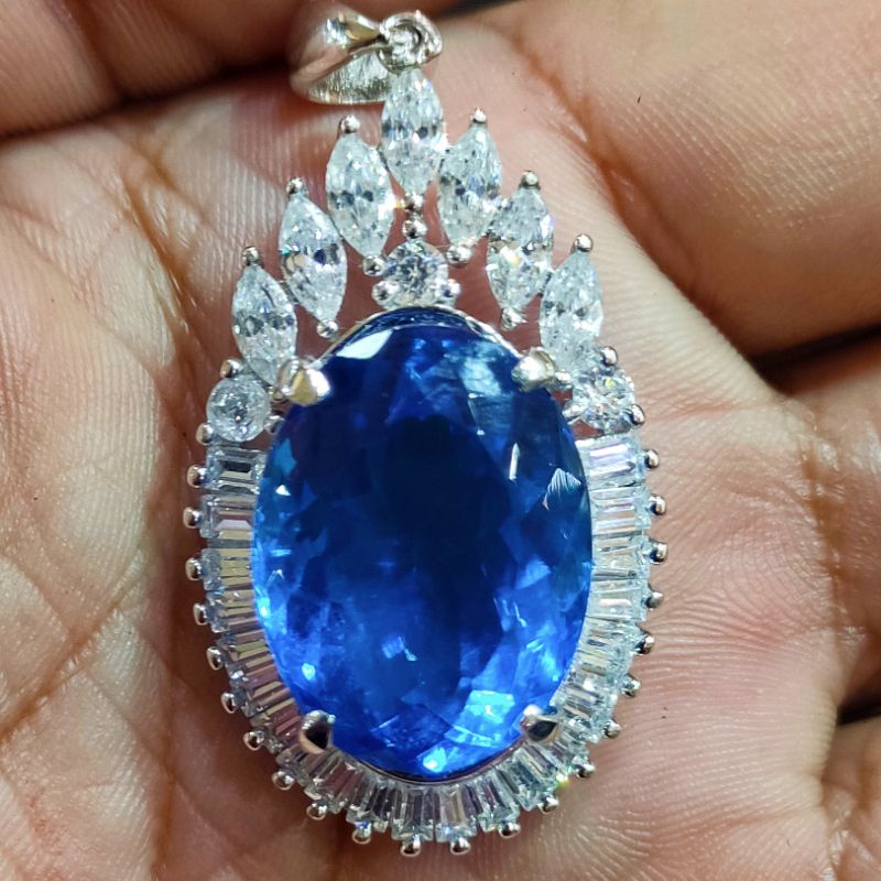 [BISA COD] Kalung Liontin Batu Akik Permata Blue Topaz Swiss Cutting Oval HQ Bonus Tali